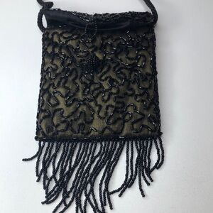 Golden Bronze Fabric mini crossbody bag Beaded front Flap Button closure